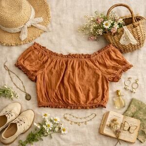 AE Women's Medium Orange Peasant Crop Top Off Shoulders